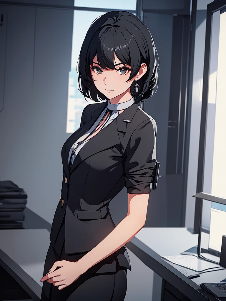 1girl, wearing a black colour office suit, at an office, black short hair, 8k, high detailed, high quality
