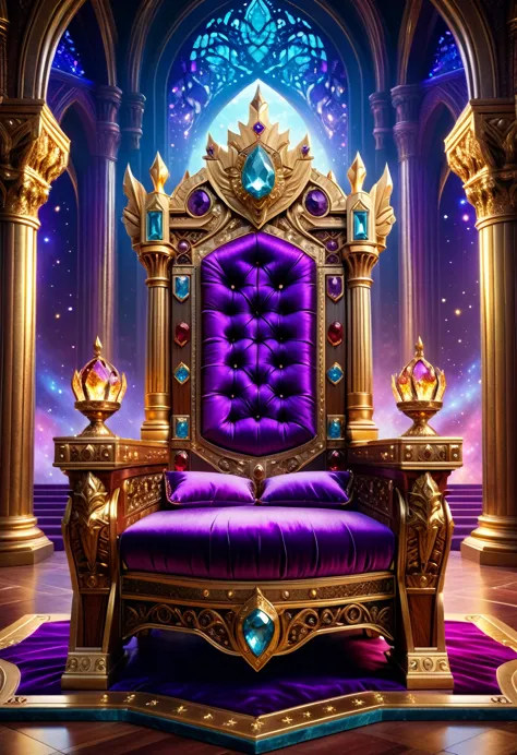 a picture of a massive epic throne, it has purple silk cushions, rubies, topaz, aquamarine gemstones artwork, the throne is epic...