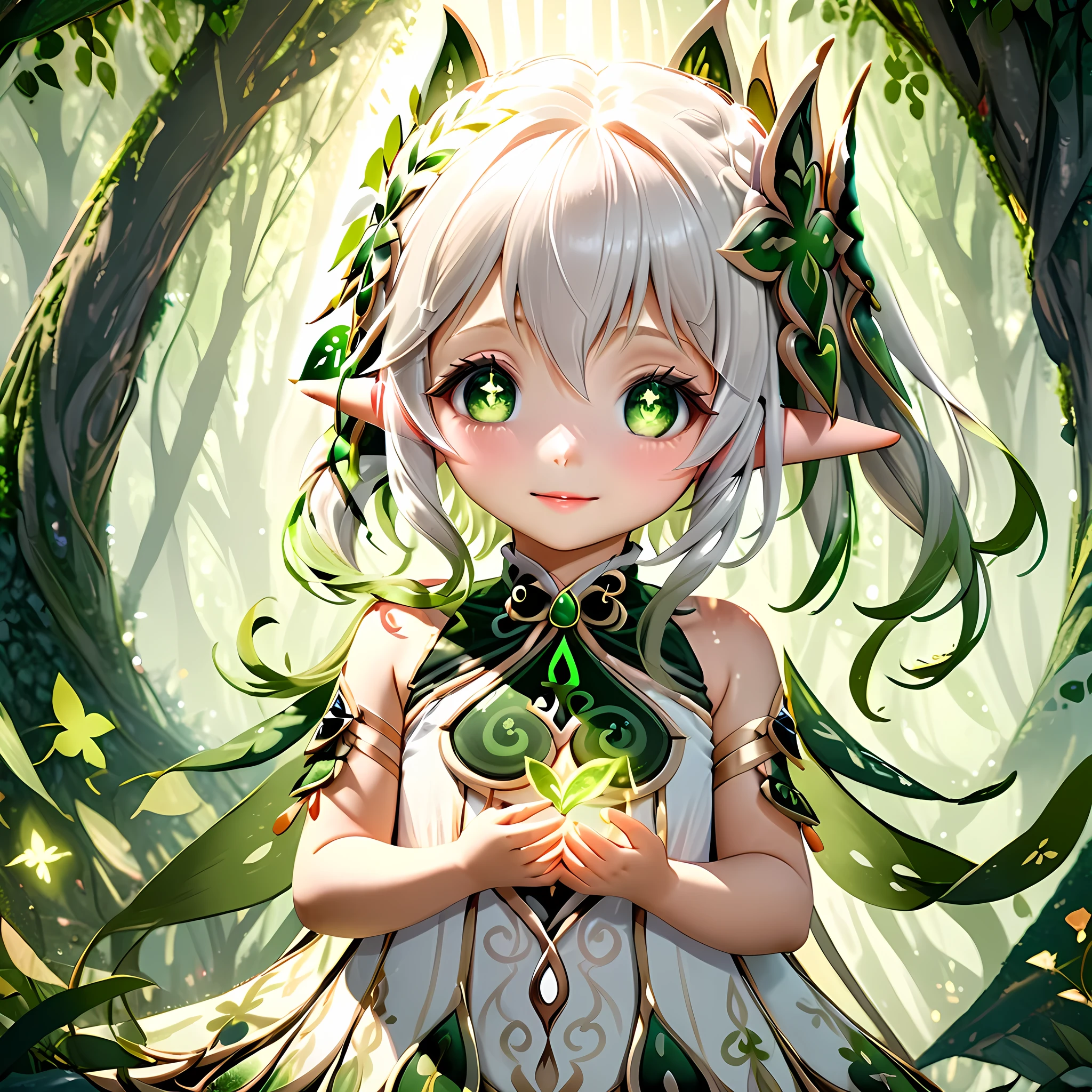 1girl, nahida (genshin impact), best quality, happy, :), With a delicate hand, Nahida gently touches her chest, just above her heart, while a green glow, the Dendro energy, gently rises from her body, enveloping her in a soft light. This energy, like an ethereal dance, blends harmoniously with the subtle glimmers of light filtering through the leaves, creating an atmosphere of magic and serenity in the forest. The natural environment around her seems to come alive in response to her presence, with the leaves of the trees rustling softly in the wind and tiny glints of light dancing among the branches. It is as if Nahida is in perfect harmony with the forest, a calm and powerful reflection of the vital energy that flows through all things. with a great natural power of green, nahida creates a heart with her elemental magic.