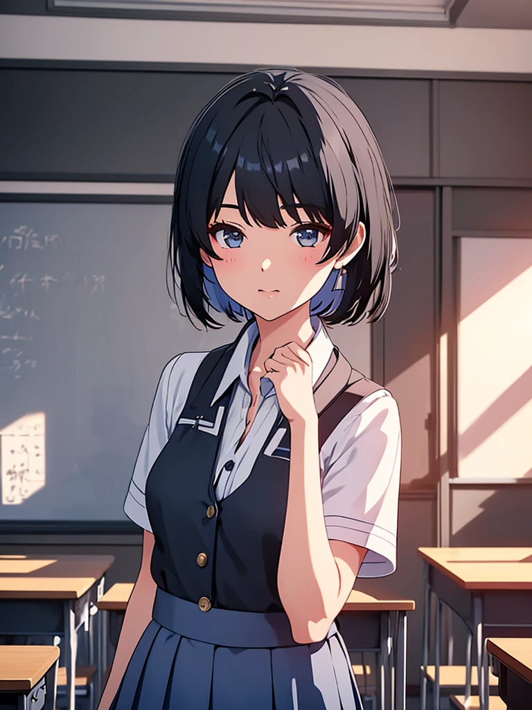 1girl, wearing a Japanese highschool girl uniform, white shirt and blue skirt, at a classroom , black short hair, 8k, high detailed, high quality
