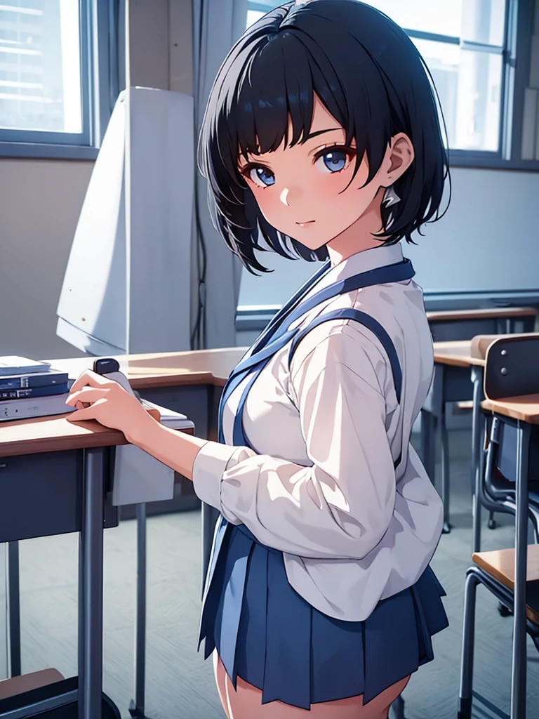 1girl, wearing a Japanese highschool girl uniform, white shirt and blue skirt, at a classroom , black short hair, 8k, high detailed, high quality
