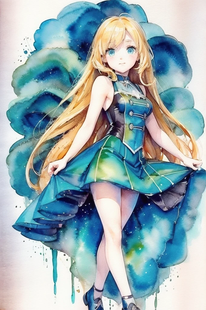 Irish Dance、Irish Dance Girl、Northern Irish national costume、Black tights、Long, Slender legs、Blonde Long Hair、Watercolor style、watercolor、Gradient color sea background、Debris、Highest quality、Ultra-high resolution、Golden Ratio