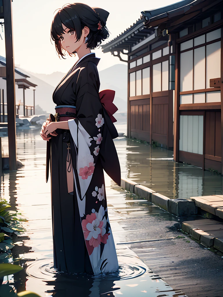 Female rover from wuthering waves, 1girl, wearing a beautiful long kimono, at a japan village, black short hair, 8k, high detailed, high quality
