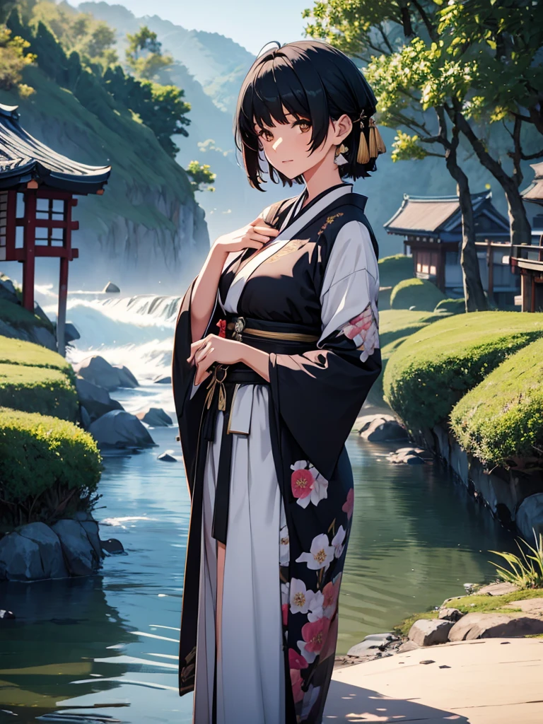 Female rover from wuthering waves, 1girl, wearing a beautiful long kimono, at a japan village, black short hair, 8k, high detailed, high quality
