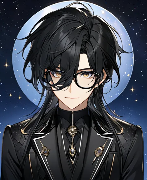 (black_hair), (black_eyes), (detailed_eyes), (attractive), (space_background), (male), (wearing _a_black_suit), (long_male_hair)...