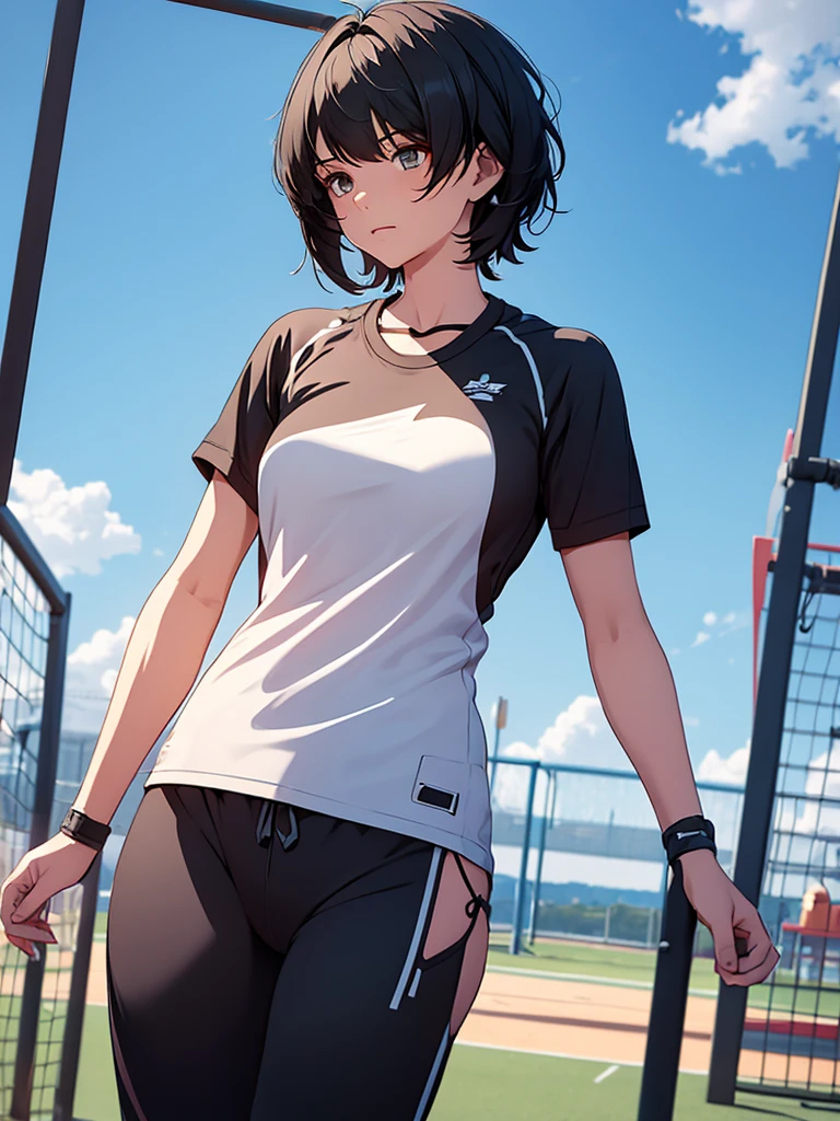 Female rover from wuthering waves, 1girl, as an athlete, wearing sports outfit, sports t-shirt and pants, at a playground , black short hair, 8k, high detailed, high quality
