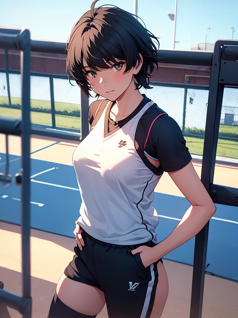 Female rover from wuthering waves, 1girl, as an athlete, wearing sports outfit, sports t-shirt and pants, at a playground , black short hair, 8k, high detailed, high quality
