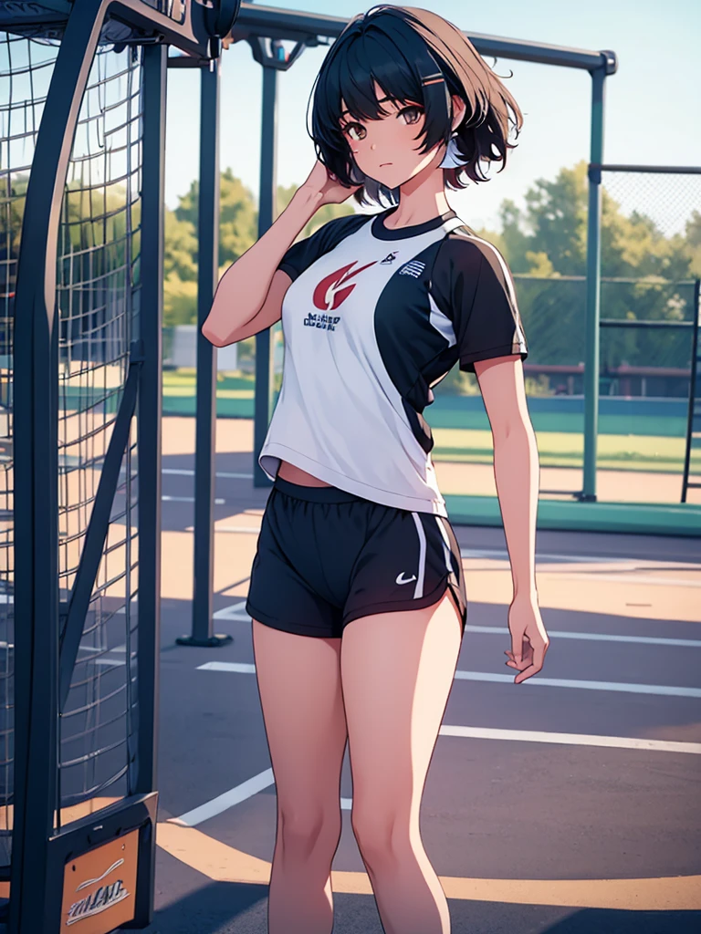 Female rover from wuthering waves, 1girl, as an athlete, wearing sports outfit, sports t-shirt and pants, at a playground , black short hair, 8k, high detailed, high quality
