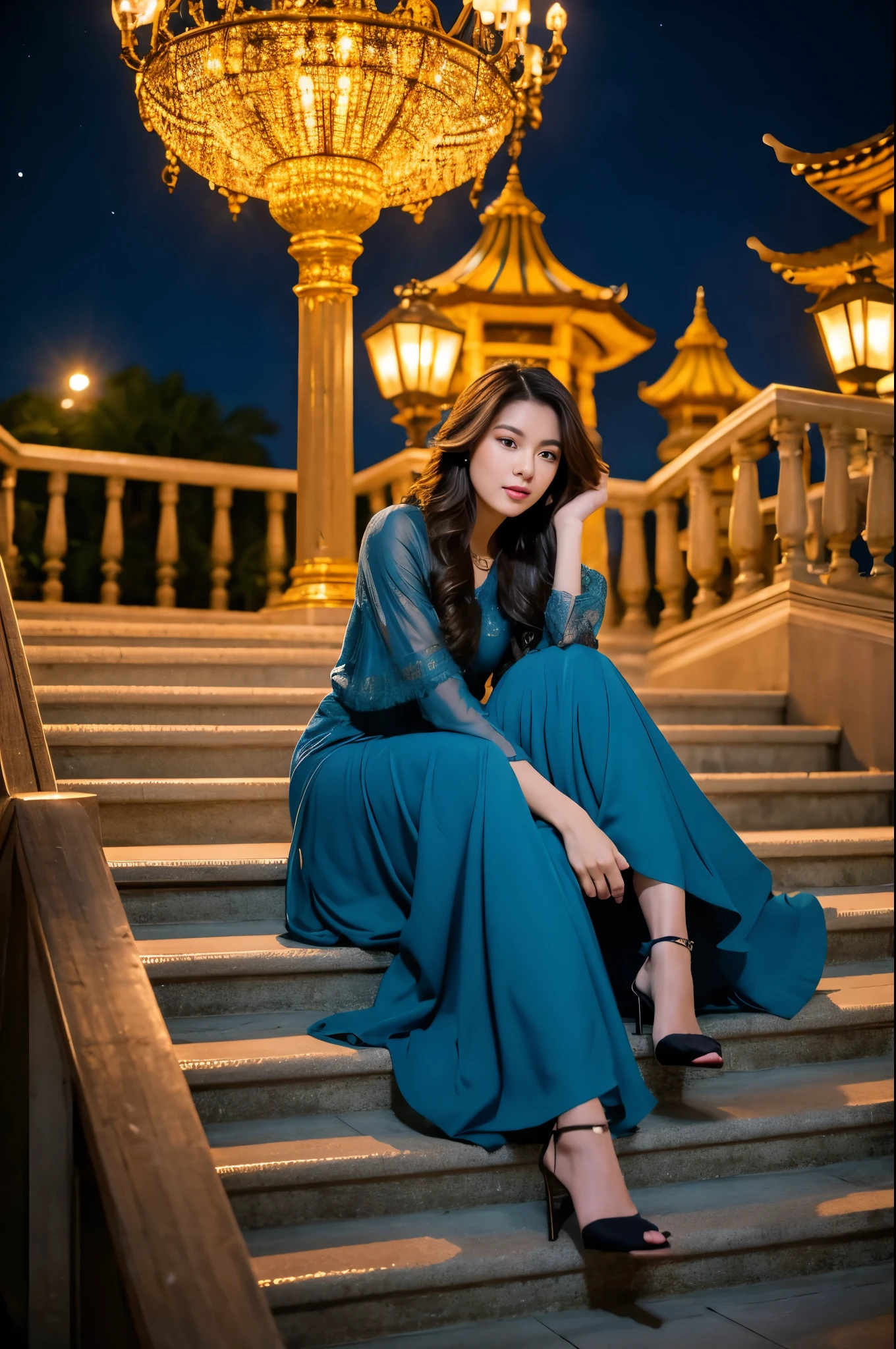 Full body high fashion, wavy long hair, floating hair by the wind, extreme artistic, intricate poses, Incredible photorealistic high resolution camera pics in the style of gardenia of a luxury scenic at gazebo full of flowers in rooftop with Jakarta city scape view in the night and beautiful exterior decoration, realistic eyes, facial profile view, Head to toe, Full body, used stilletto heels, used earrings, relaxed, at night Cinematic, ethereal, a young Asian who looks like 
An idol, sitting on the stair of gazebo, sophisticated modeling beautiful blue clothes in the style of wealthy appearance, glamour lights, backlight, soft light, dim light, hair light, epic lighting, natural colors, glamourous atmosphere, romantic vibes