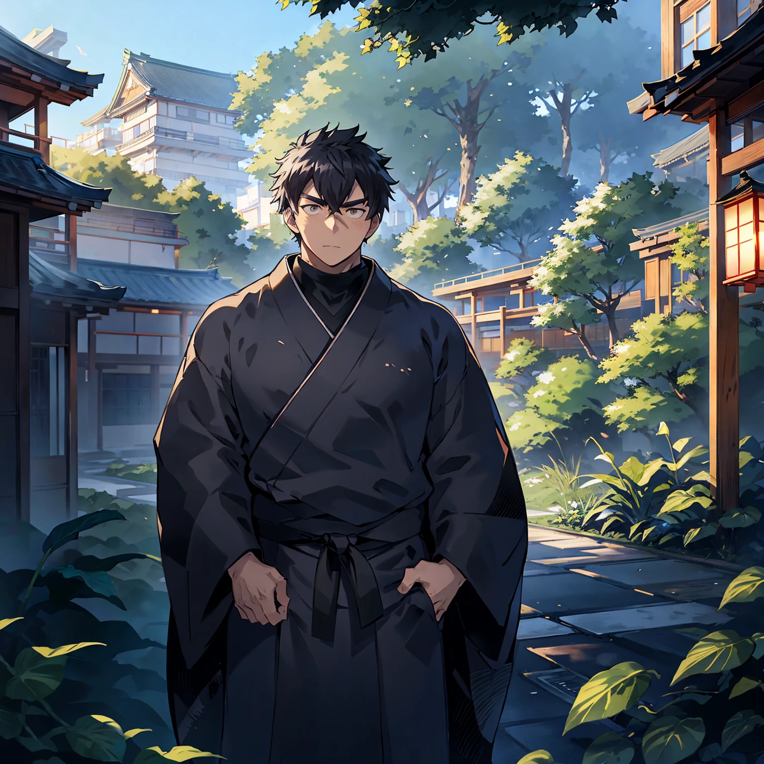 Japanese man, young man standing on hill, looking at beautiful view, picturesque Japanese cityscape, anime-like image, high resolution, fantastic atmosphere, facing you, Shinkai Makoto, Shinkai Makoto style, young man standing on right side, thin young man, serious expression, black hair, dark blue kimono kimono, black obi, black geta, figure is on right side, left side empty