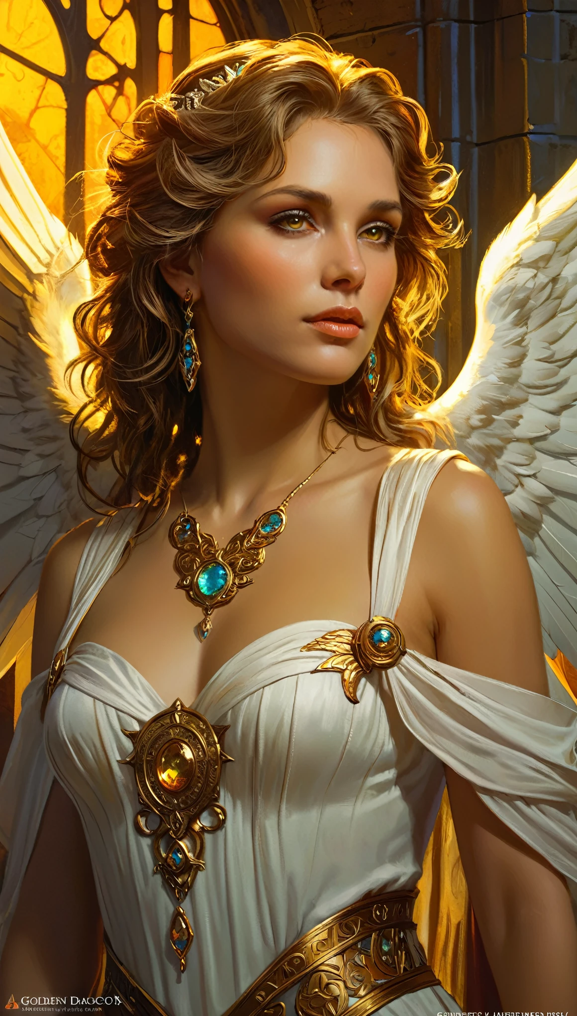 a beautiful angel, closeup portrait, intricate, elegant, extremely detailed, digital painting, art station, concept art, smooth, sharp focus, fantasy, dungeons and dragons, detailed face, alphonse mucha art style, greg rutkowski art style, vivid colors, dramatic lighting, cinematic, photorealistic, golden eyes,