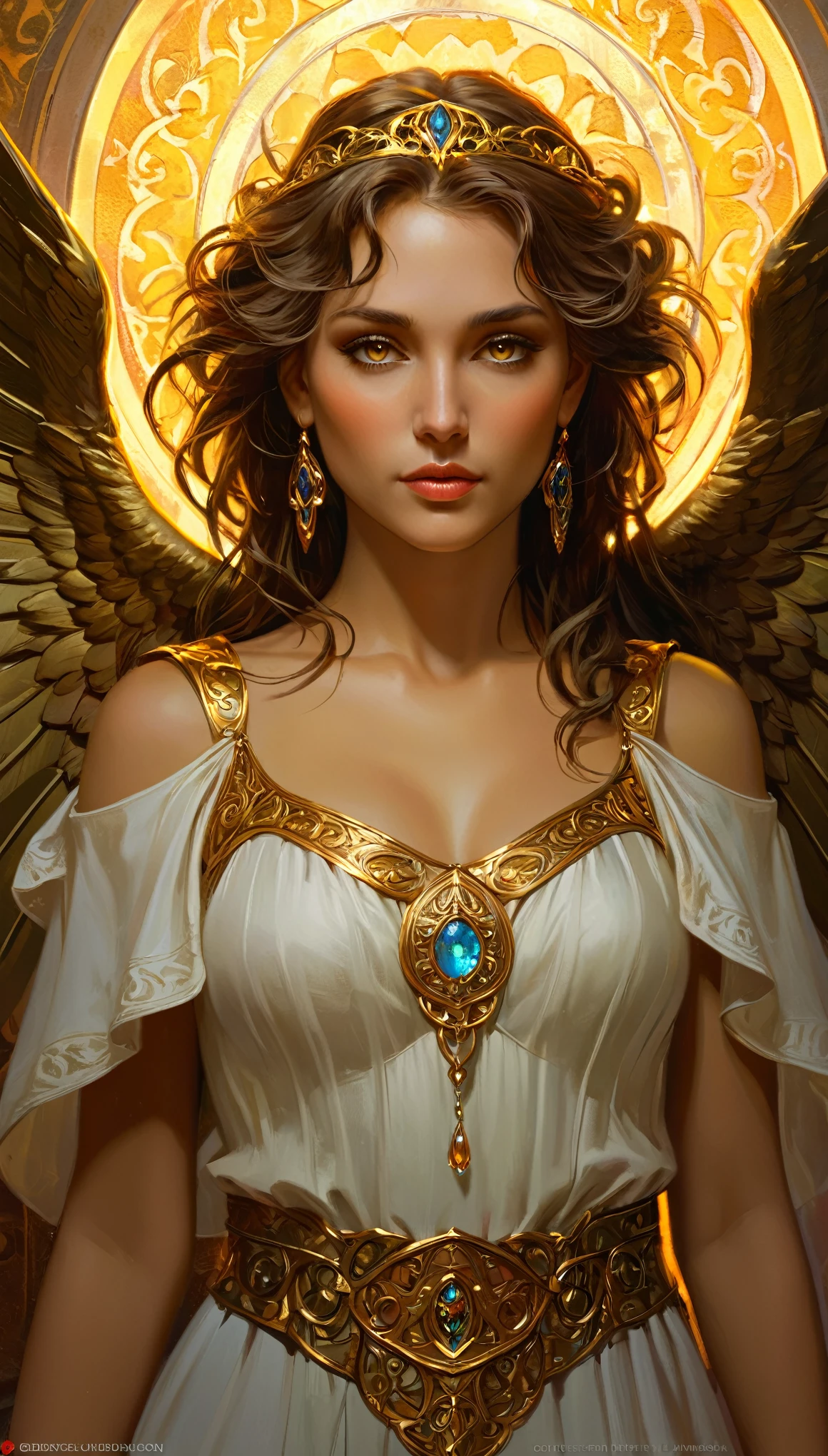 a beautiful angel, closeup portrait, intricate, elegant, extremely detailed, digital painting, art station, concept art, smooth, sharp focus, fantasy, dungeons and dragons, detailed face, alphonse mucha art style, greg rutkowski art style, vivid colors, dramatic lighting, cinematic, photorealistic, golden eyes,