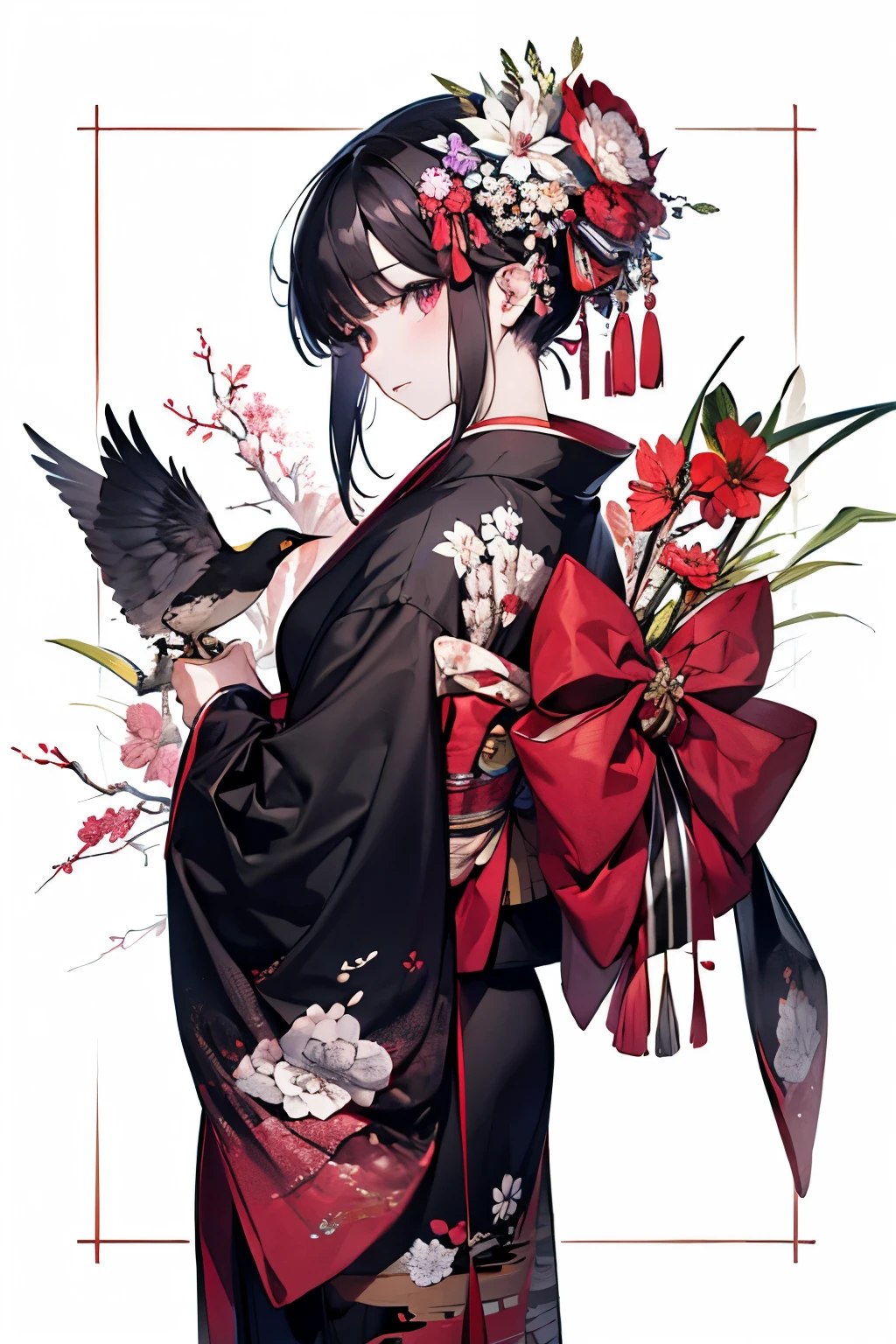 (masterpiece, highest quality:1.2), One girl, alone, (junihitoe:1.2), (12 layered kimono:1.2), (very long straight black hair:1.2), (no hair ornaments:1.2), red karaginu, court crest print, open hiogi, purple-red hakama, white mo-skirt, red bodered strip, hole body,  From diagonally ahead, from front, from side, simple Background, blank background,
