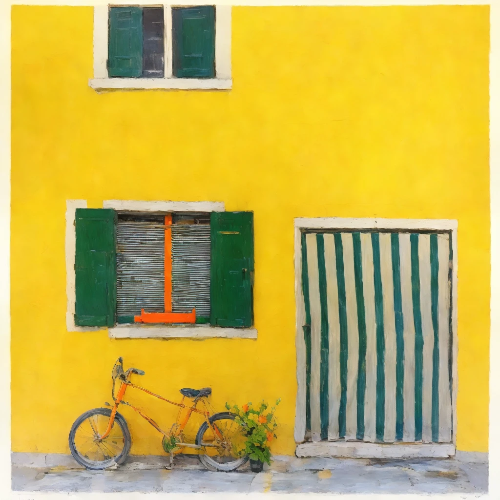 masterpiece, ultra detailed, beautiful, distinct, best aesthetic, super fine illustration, vibrant yellow wall, green shutters, striped awning, red flower pot, windowsill, orange bicycle, cobblestone ground, bright colors, vivid architecture, simple bicycle, #drawing style: Mixed Media #painting method: Impasto, pointier painting method, pointillism technique, repoussoir, Sfumato, Detailing oil pastel art, impressionism, Van Gogh style, Detailing digital painting
