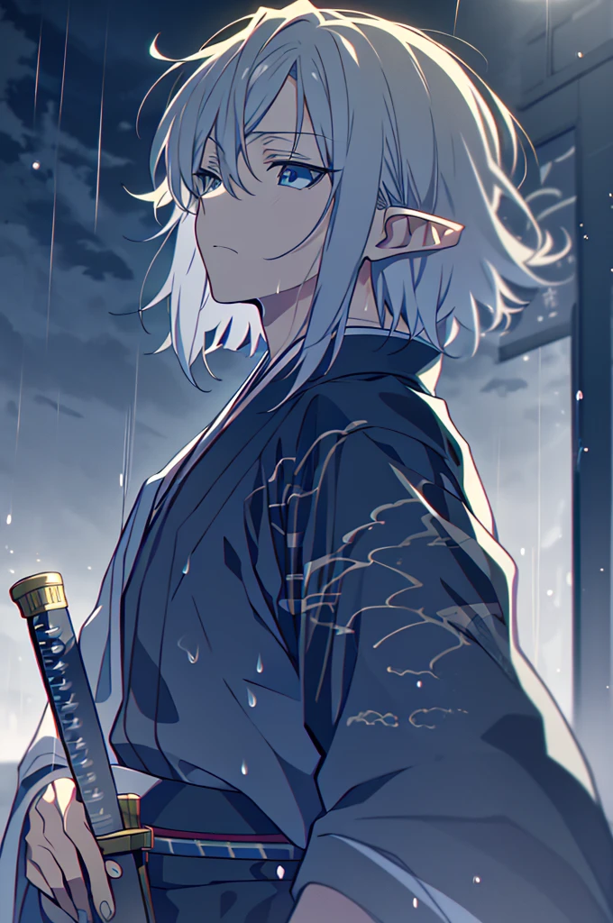 8K, Realistic, Very detailed, アニメ, 1 Elf Boy, Deep blue eyes, Light silver short hair, slacks, Japanese style, rain, Holding a sword in his left hand, Sad expression, Look down, Cinema Lighting, Gloomy atmosphere, Intricate details, Fantasy, dramatic, Japanese style architecture