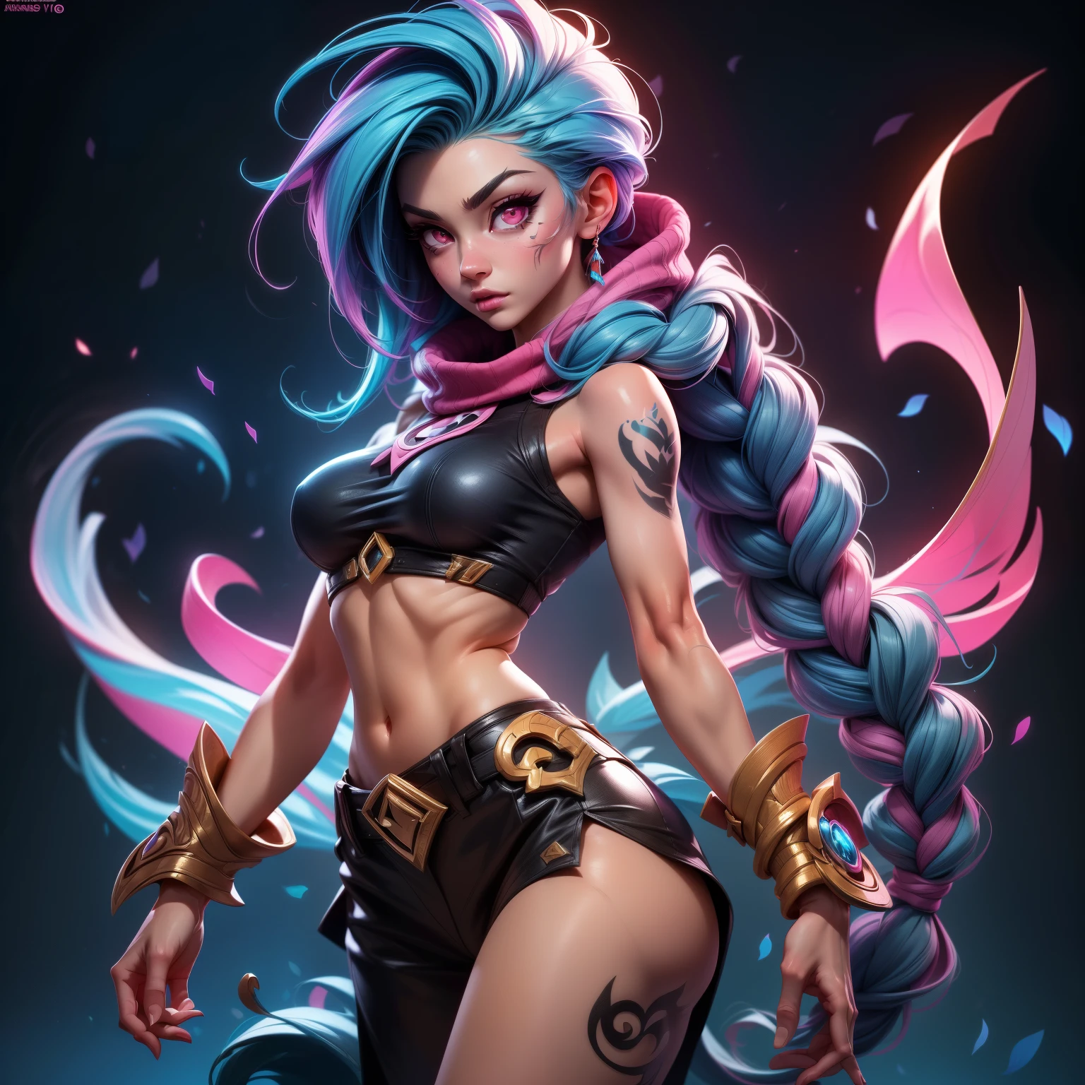 (A high resolution), (absurderes), (Best quality), (High quality), (Masterpiece), (1boy), , Glowing eyes, Pink eyes, Blue hair, Long hair, Double up braid, Jinx \(League of Legends\), arm tattoos, Crop top underboobs , Medium breasts, arms back behind, seductive  body. Sexy .