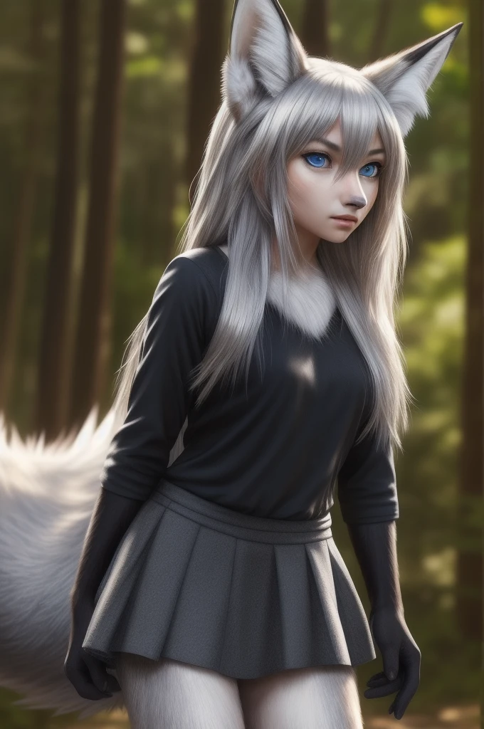 long silver hair, blue eyes, skirt and a black top,((fur,fox girl,silver fur,)), (human),(((super realistic, realistic, photorealistic))), female kitsune, fox
