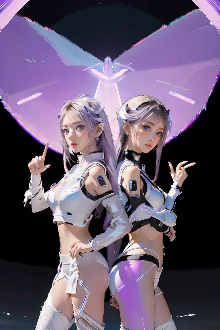 ((masterpiece, best quality, extremely detailed), volumetric lighting, ambient occlusion, colorful, glowing), 
((2girls)),  young girls, (purple white gradient long hair),  halo, aura, sacred, goddess, cyber suit, (white outfit:1.3), android, bot, angel wings,
outdoors, sunset, sky, clouds, space, (cyberpunk theme:1.2),