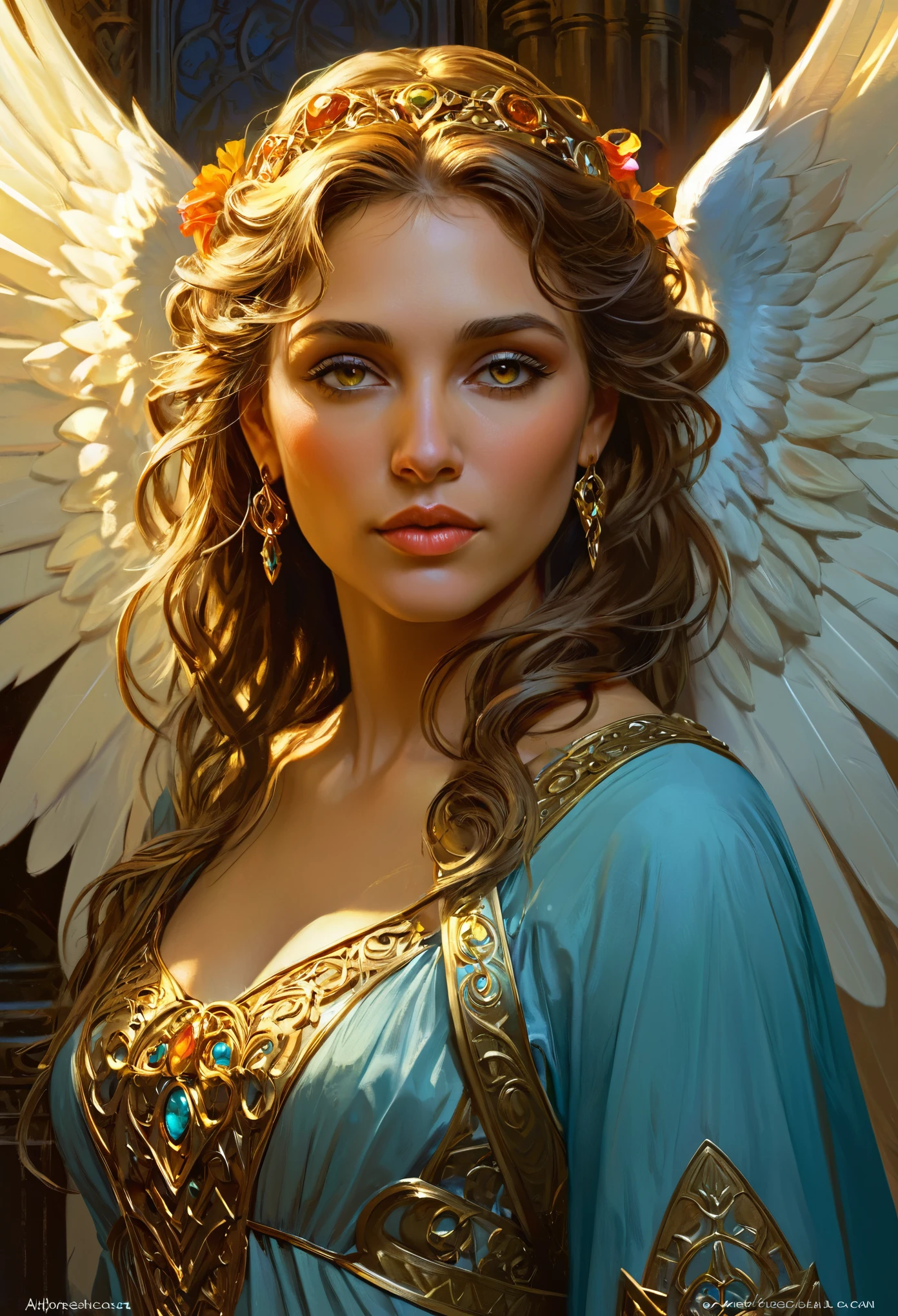 a beautiful angel, closeup portrait, intricate, elegant, extremely detailed, digital painting, art station, concept art, smooth, sharp focus, fantasy, dungeons and dragons, detailed face, alphonse mucha art style, greg rutkowski art style, vivid colors, dramatic lighting, cinematic, photorealistic, golden eyes,