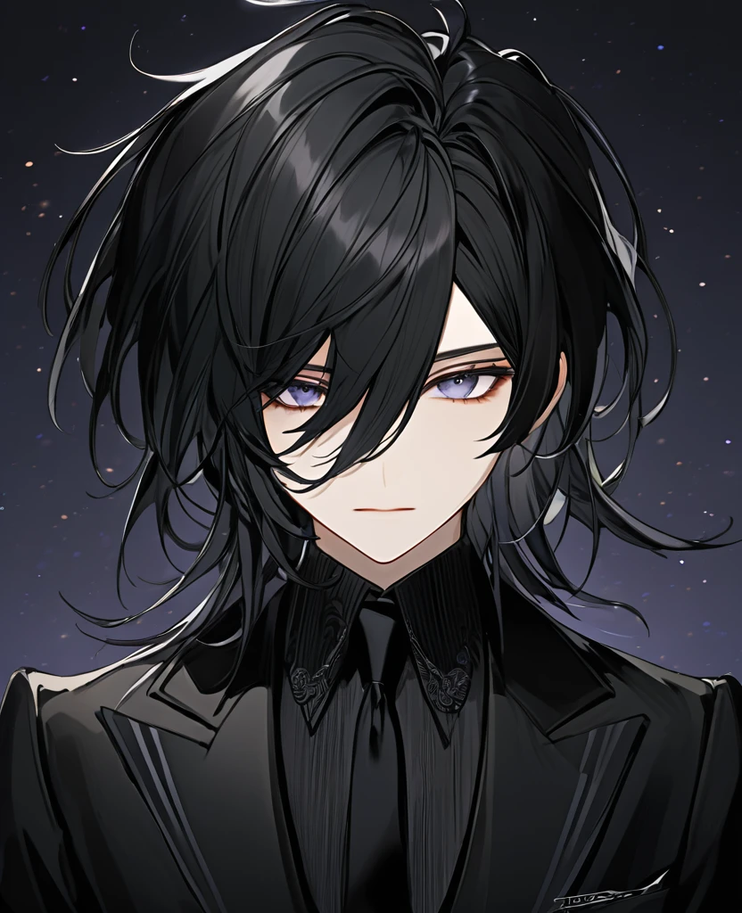  (black_hair), (dark_eyes), (detailed_eyes), (attractive), (emotionless), (void_Space_background), (male), (wearing _a_black_suit), (long_male_hair), (detailed_Hair), (detailed), (detailed_mouth),