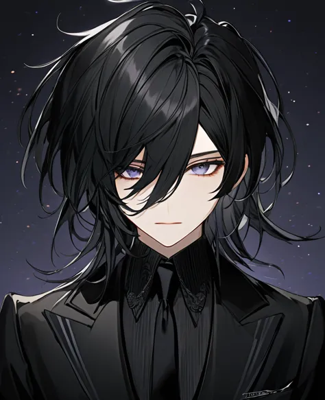 (black_hair), (dark_eyes), (detailed_eyes), (attractive), (emotionless), (void_space_background), (male), (wearing _a_black_suit...