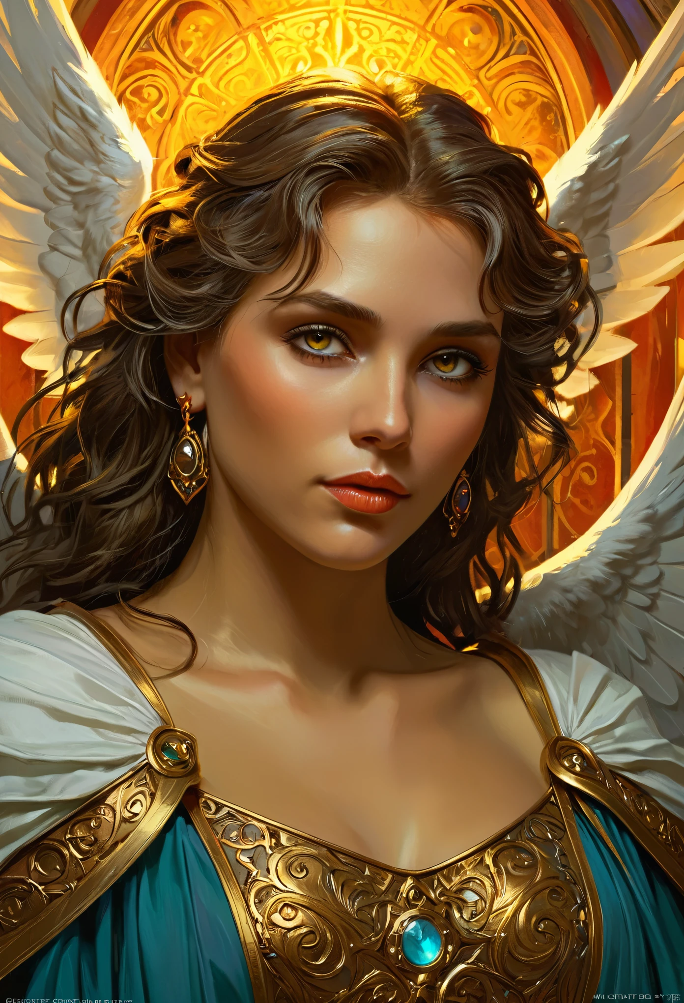 a beautiful angel, closeup portrait, intricate, elegant, extremely detailed, digital painting, art station, concept art, smooth, sharp focus, fantasy, dungeons and dragons, detailed face, alphonse mucha art style, greg rutkowski art style, vivid colors, dramatic lighting, cinematic, photorealistic, golden eyes,