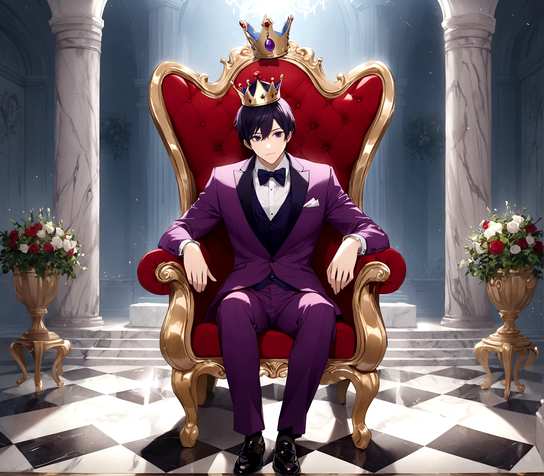 man, Red and purple suit, host, With a crown, Sitting on the throne