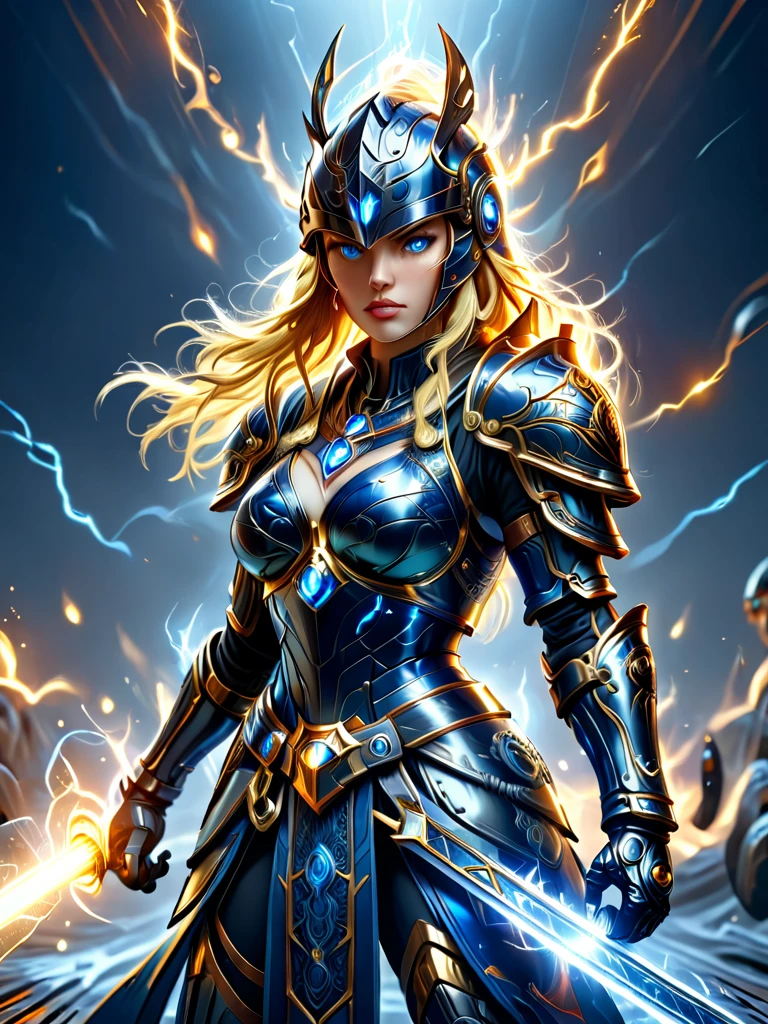 (a full body shot of a woman powering up for battle, blue ral-elctryzt, elbows tucked, fists raised to shoulder height: 1.8) A blonde woman, (glowing blue eyes, ral-elctryzt), pretty face, full face, medium length straight hair over one shoulder. she wears shiny dark blue armor with gold trim, damaged armor, (deep v-neck and exposed cleavage:1.4) large breasts, Natural skin texture, detailed skin. warzone background. , hex pattern on armor, intricate runes carved on armor, reflective surface, and a (Norse helmet with wings on the side covers her head:1.3), intricate details, armored glove, (left glove is gold with gemstones and runes). a stern expression on her face. (highres:1.3) (4k,8k,best quality, masterpiece), full-body image, volumetric lighting, lens flare. fighting stance, battle stance, attacking, dynamic pose, action pose, show her with legs wide, fists raised. pulled back shot, wide angle
