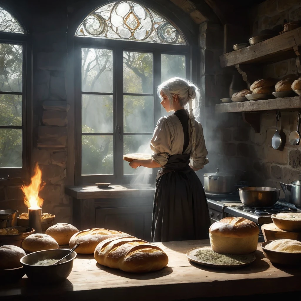 In the early light of dawn, the kitchen of the small, weather-beaten cottage comes to life with the gentle sounds of kneading dough and the comforting aroma of freshly baked bread. Standing at the wooden table, a back view of a young girl with flowing white hair cascading down her back is dressed in a somber black gown, adorned with intricate patterns of silver thread that glint faintly in the soft glow of the hearth fire.

Her slender hands, deft and practiced, work the dough with a rhythmic grace, the movements a reflection of years spent honing this ancient craft. The flickering light casts dancing shadows on the rough-hewn stone walls adorned with dried herbs and hanging pots.

Outside, beyond the cottage's sturdy oak door, lies a world cloaked in mist and mystery, where ancient forests harbor unseen dangers and whispered legends echo through the ages. Yet within these humble walls, amidst the warmth of the kitchen and the reassuring crackle of the fire, the girl finds solace in the simple rituals of daily life—each loaf of bread a testament to resilience and survival in a realm where darkness and magic intertwine.

As she continues her task, a distant howl pierces the morning air, a reminder of the perils lurking beyond the cottage's threshold. But for now, in this quiet sanctuary, she savors the fleeting tranquility of the kitchen, where even in the darkest of times, the aroma of freshly baked bread offers a glimpse of hope and a taste of home in this medieval dark fantasy world