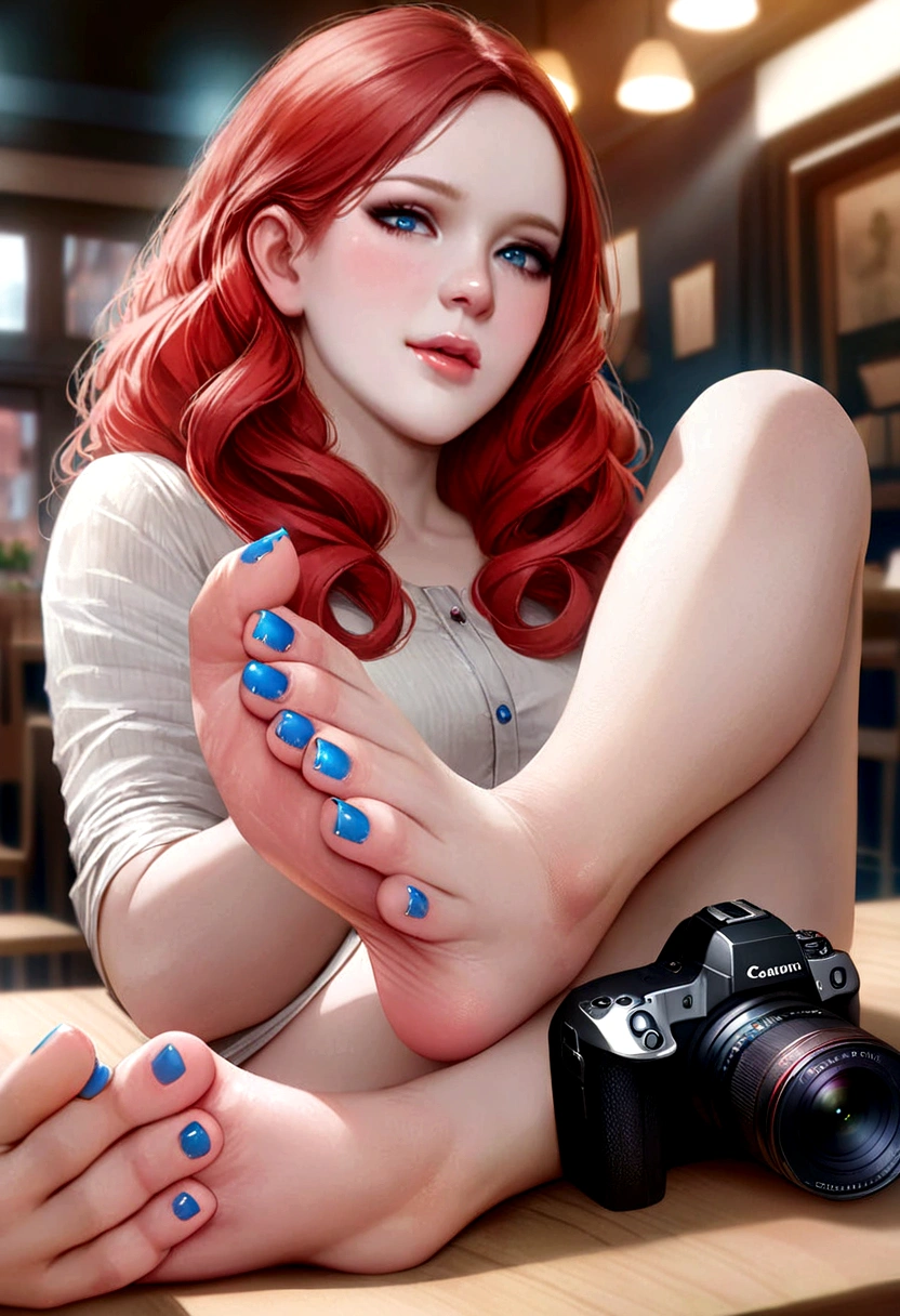 best quality, ultra-detailed, realistic:1.37), 23 year old pale beautiful woman’s feet, blue nail polish, Swedish female, dyed red hair, medium length extremely curly layered hairstyle, bright blue eyes, high cheek bones, pale skin tone, shot on a Canon EOS R6 Mark II camera