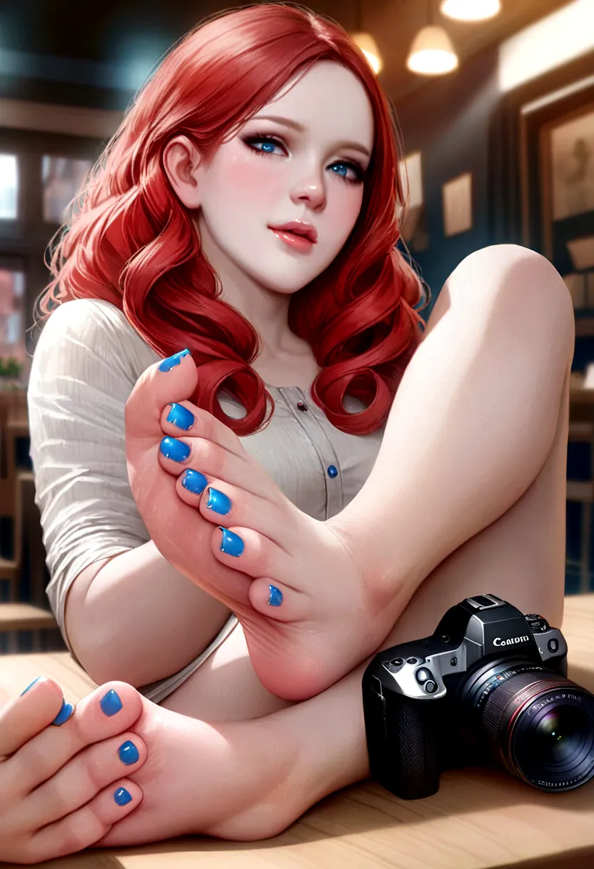 best quality, ultra-detailed, realistic:1.37), 23 year old pale beautiful woman’s feet, blue nail polish, Swedish female, dyed r...