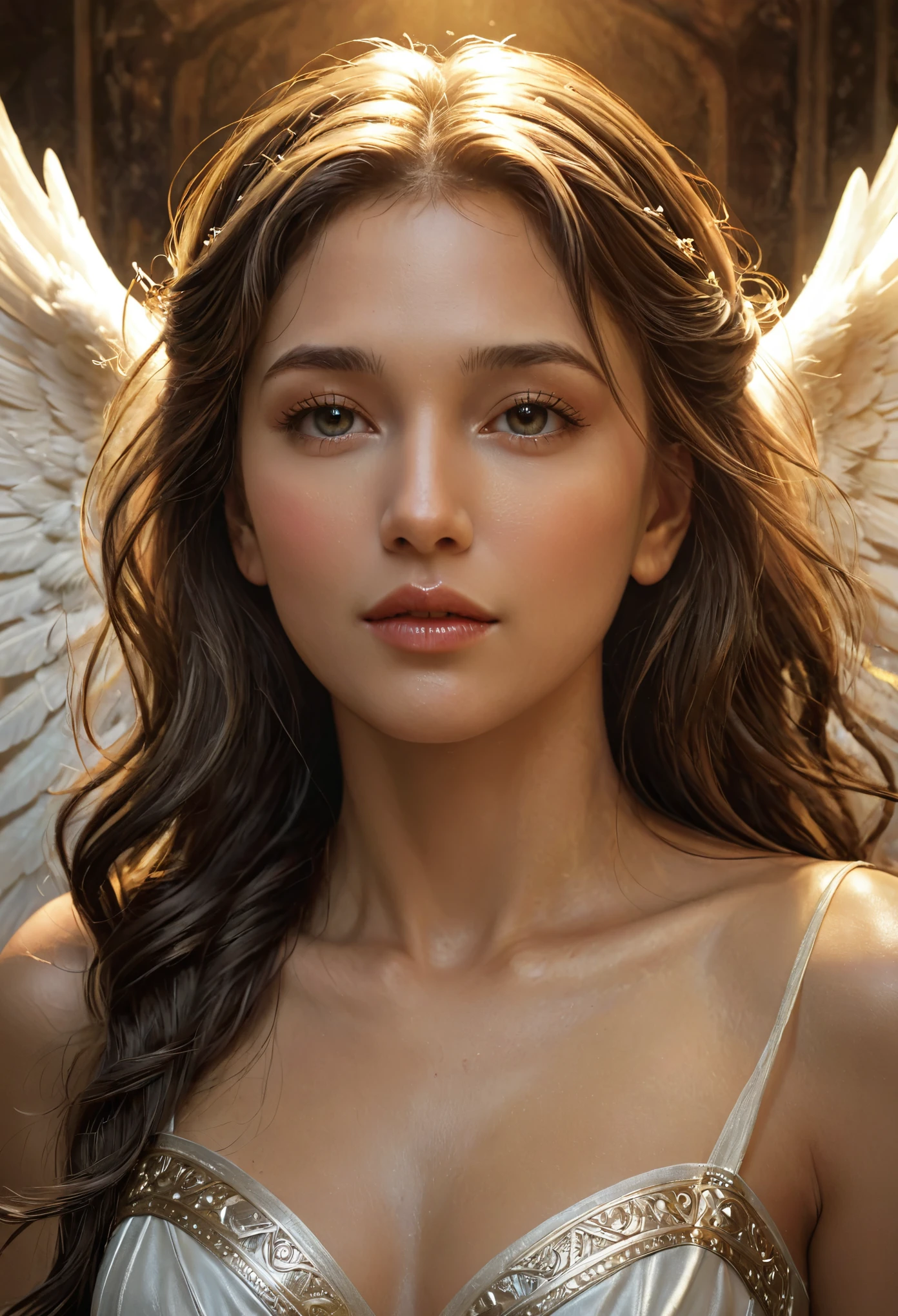 (best quality,4k,8k,highres,masterpiece:1.2), ultra-detailed, (realistic,photorealistic,photo-realistic:1.37),Close-up portrait of the most beautiful angel in the universe, D & D, face, Fantasy, complicated, elegant, Very detailed, Digital Painting, Art Station, Concept Art, Smooth, Sharp focus, figure, ArtJam, Greg Rutkowski, Art by Alphonse Mucha, sexy, golden eyes, (wink at viewers:1.5)