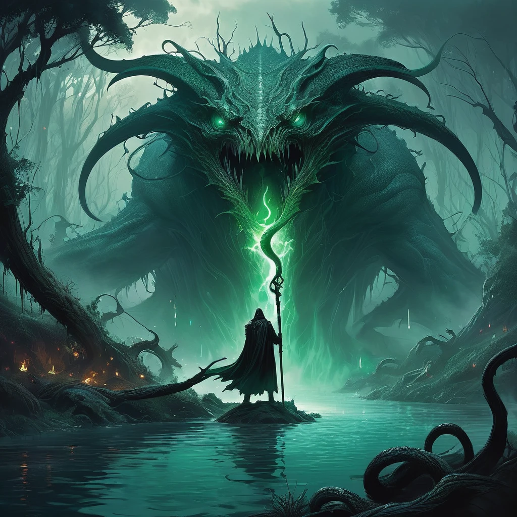 In the heart of the cursed swamp known as Morlog's Mire, where the air hangs heavy with mist and the trees twist like gnarled fingers, tales abound of a creature unlike any other—a serpent of immense size, its sleek, scaled body coiling sinuously through the murky waters, topped incongruously by the torso of a human.

Feared and revered by the local villagers as the 'Serpent of Shadows,' this enigmatic being is said to possess a cunning intellect and ancient knowledge hidden within its piercing eyes. Legends speak of its ability to grant boons to those brave or desperate enough to seek its counsel, yet its favors come at a perilous price.

Amidst whispers of a looming darkness that threatens to engulf the realm, a reluctant hero or a desperate seeker ventures into Morlog's Mire. They are driven by a dire need—to uncover lost secrets, to find a cure for a loved one's ailment, or to seek guidance in a time of political upheaval.

Navigating treacherous bogs and evading the gaze of lurking swamp creatures, they encounter the Serpent of Shadows. Towering above them, its gaze holds both wisdom and ancient sorrow. Will they dare to bargain with this creature of shadow and scales, risking their own soul in exchange for answers that could alter the course of their destiny and the fate of the kingdom?

In a world where alliances are fleeting and darkness lurks in every corner, the hero must tread carefully, for the Serpent of Shadows sees beyond the surface of flesh and bone, delving into the depths of hearts and minds. Will they emerge from Morlog's Mire victorious, or become ensnared in a web of deceit spun by the serpent's whispered promises