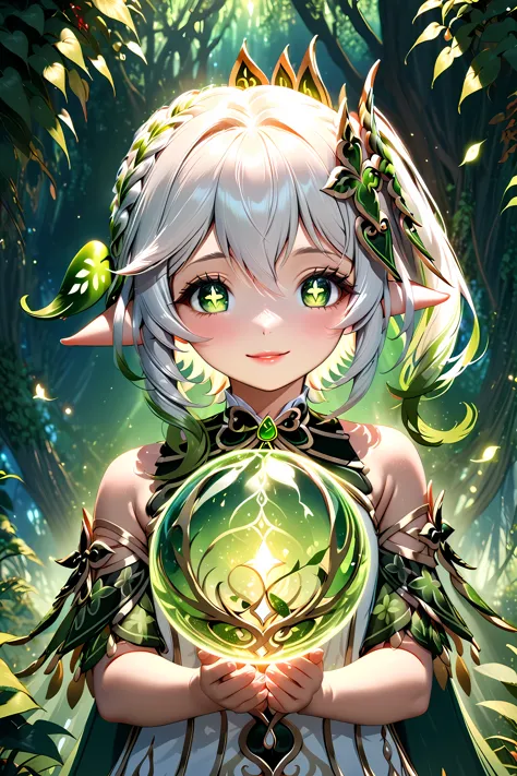 1girl, nahida (genshin impact), medium shot, holding in her hands a sphere of energy created with magic in an enchanted forest a...