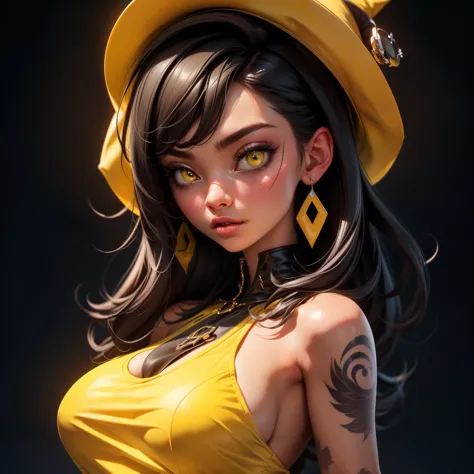 1girl, black hair, tattoo on the body, lips black , (background yellow:1.5) , ultra detail, unreal, ,NeonST2