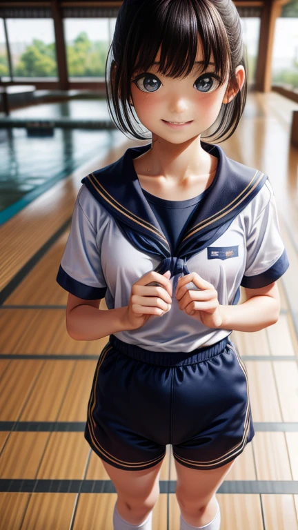 Ultra-high resolution,(reality: 1.4),Highest quality, masterpiece, High detail, 16K quality, beautiful, 1 beautiful girl,Japanese,super beautiful face,Baby Face,Japanese idol face,Cute face,Highly detailed face,Detailed hands,beautiful skin,Sweaty skin,Big eyes,Big smile,Professional Lighting,short hair, Black Hair,brown beautiful eyes, Gym suit,Navy bloomers in the school gym, White shirt, Short sleeve, Are standing,Medium chest,Knee-high socks,She is looking at the camera,Poolside,blue sky,Browsing Caution,Buckshot,