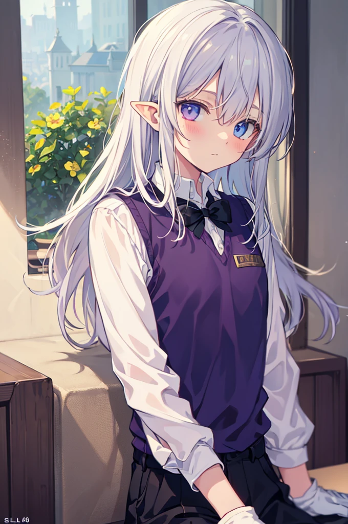 (alone), Purple and blue heterochromia, Cool male elf, Silver straight hair, Please wear a long shirt and vest, Wearing slacks, wearing white gloves, Thinking about something, (Highest quality,4K,8K,High resolution,masterpiece:1.2), Highly detailed facial expressions, Intricate details, Natural light, Warm colors, Soft Focus, Digital Painting, Fantasy art, animation, male, Thin arms