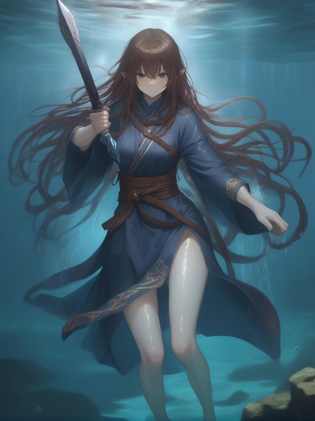 Partially underwater,最high quality,high quality, , Long Hair, Brown Hair, Wet Hair, Flat Chest,Dark underground labyrinth,No light,Cloth armor,Equipped with a dagger and a shield,Face above water,Body in water, Underwater Photography,The robe rolls up due to buoyancy,Painful face、My leg is pulled by tentacles、Being dragged into the water、Go wild