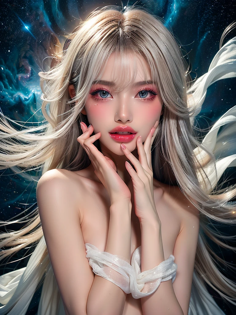 4K Ultra HD, masterpiece, A girl with a magical aura, Nice face, Long Hair, Shiny Hair, fine grain, Glossy Lips, Nude 1.5, Aura around the body, Magical Effects, Spreading white light, Cosmic elements and ethereal atmosphere, A mix of bright lights and colorful nebulae, Space Background,, Full Body Capture.Whitening、Silver Hair、(((Naked and wearing white cloth 1.5)))、Hair and fabric blowing in the wind、(((Nude 1.5)))、(((Place your right hand on your mouth 1.4)))、Bust up photo、(((Feeling Ecstasy 1.85)))、See-through 1.4