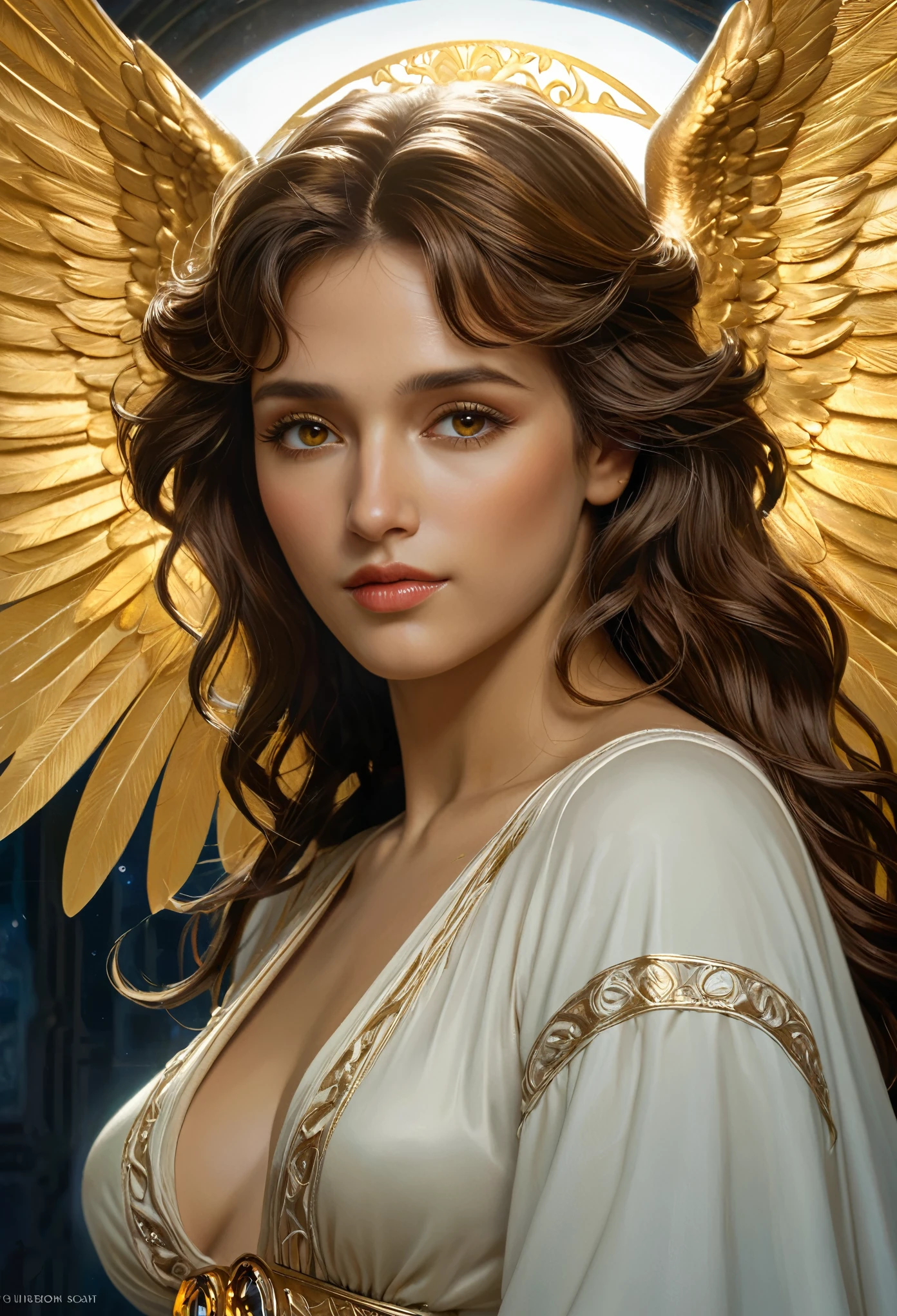 (best quality,4k,8k,highres,masterpiece:1.2), ultra-detailed, (realistic,photorealistic,photo-realistic:1.37),Close-up portrait of the most beautiful angel in the universe, D & D, face, Fantasy, complicated, elegant, Very detailed, Digital Painting, Art Station, Concept Art, Smooth, Sharp focus, figure, ArtJam, Greg Rutkowski, Art by Alphonse Mucha, sexy, golden eyes, 