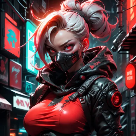 raw photo, morbid cyberpunk, (red theme:1.1), (hdr, dark shot, low key:1.33), (red neon glow:1.2), a cyber ninja, (glowing red e...