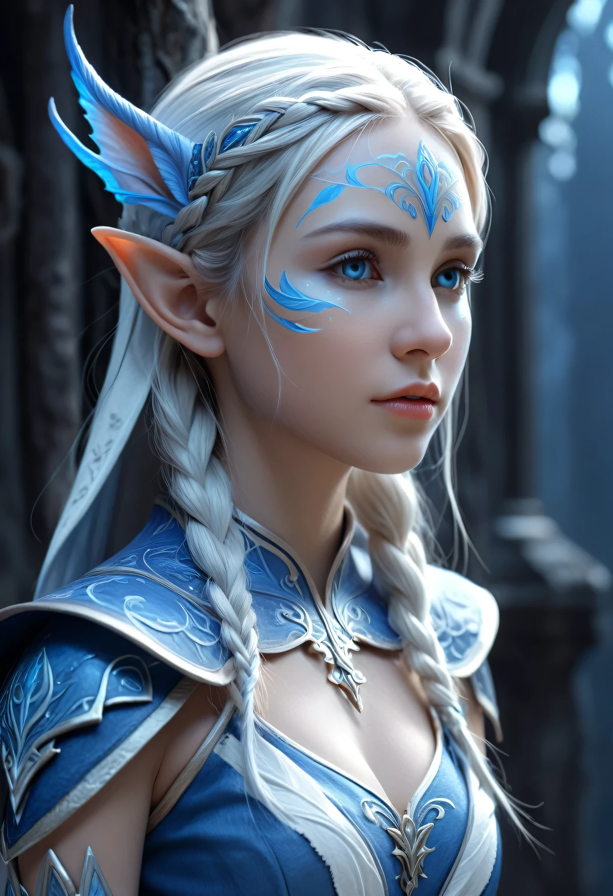 Portrait of an elf entering a dark fantasy world, elaborately painted face, blue and white world, elf painted in blue and white, elf profile, glowing details, intricate detail rendering, 3D rendering, Octane render, breathtakingly beautiful CG.