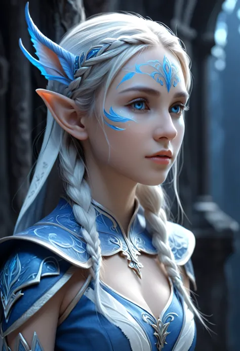 portrait of an elf entering a dark fantasy world, elaborately painted face, blue and white world, elf painted in blue and white,...