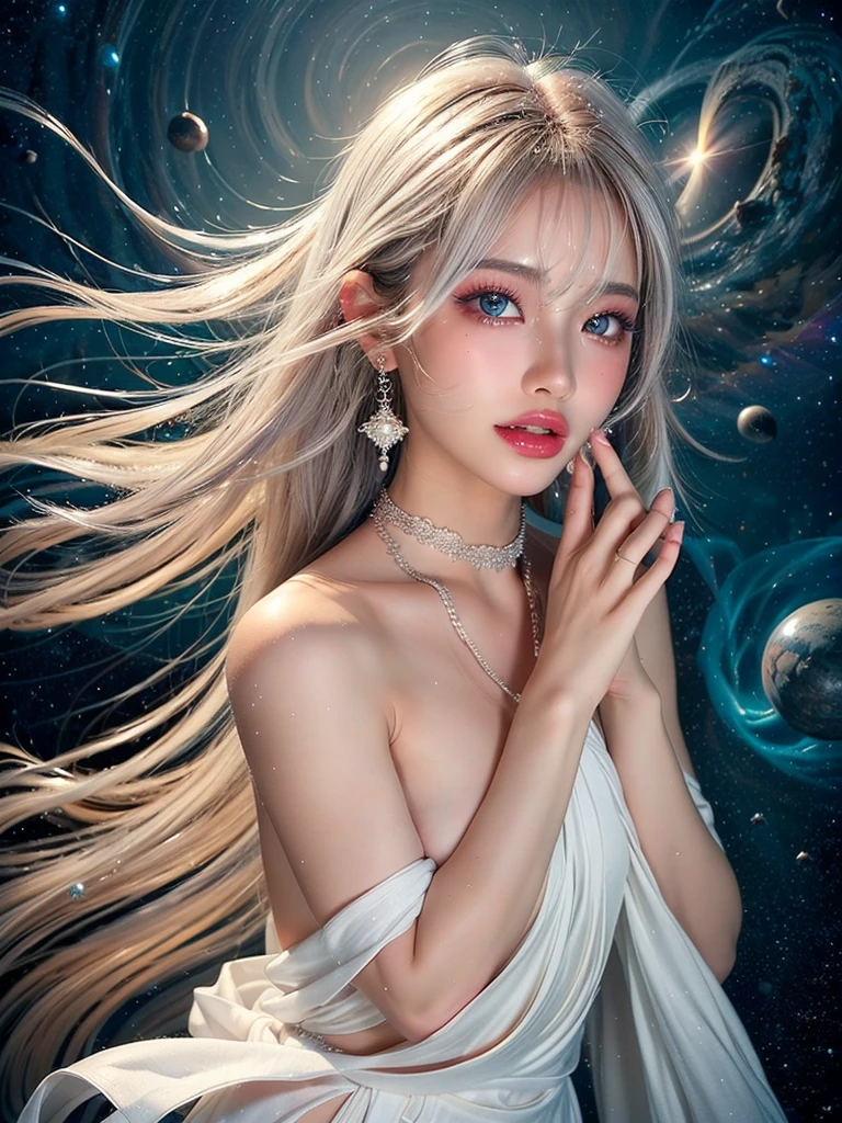 4K Ultra HD, masterpiece, A girl with a magical aura, Nice face, Long Hair, Shiny Hair, fine grain, Glossy Lips, Nude 1.5, Aura around the body, Magical Effects, Spreading white light, Cosmic elements and ethereal atmosphere, A mix of bright lights and colorful nebulae, Space Background,, Full Body Capture.Whitening、Silver Hair、(((Naked and wearing white cloth 1.5)))、Hair and fabric blowing in the wind、(((Nude 1.5)))、(((Place your right hand on your mouth 1.4)))、Bust up photo、(((Feeling Ecstasy 1.85)))、See-through 1.4、Luxurious earrings and necklaces、