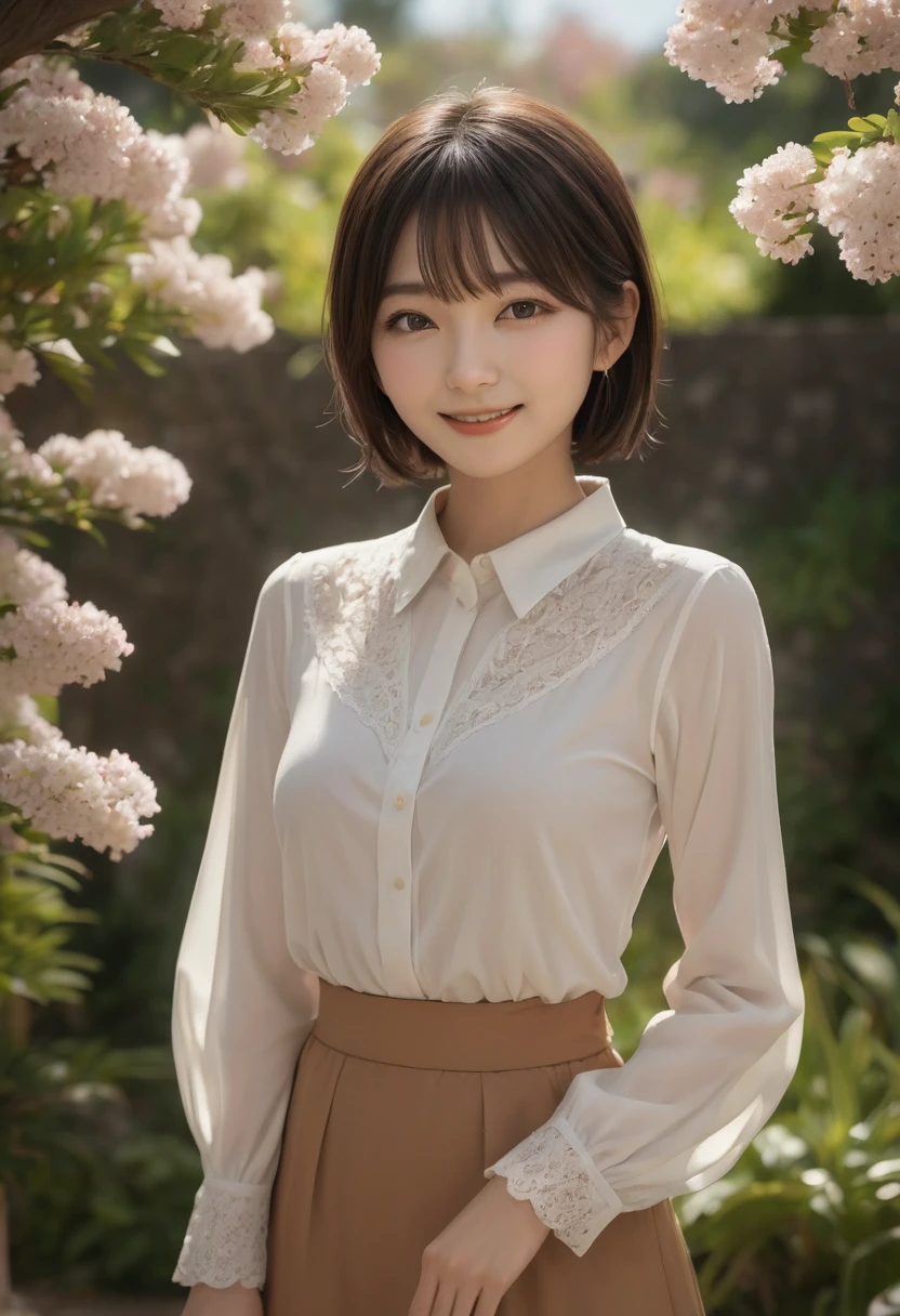 (Highest quality,8K quality,masterpiece:1.3),(Ultra-high resolution,Realistic:1.4,Live Shooting),(Very detailed,Caustics),(Ultra-Realistic Capture,(((garden)),beautifully detailed skin),19 years old,Beautiful Japanese, Medium Hair, Asymmetrical bangs, Brown Hair, I'm looking at the camera with a smile on my face,Soft Light,A ray of light shining from above,Natural light，((Neat blouse))，(((1 female))),