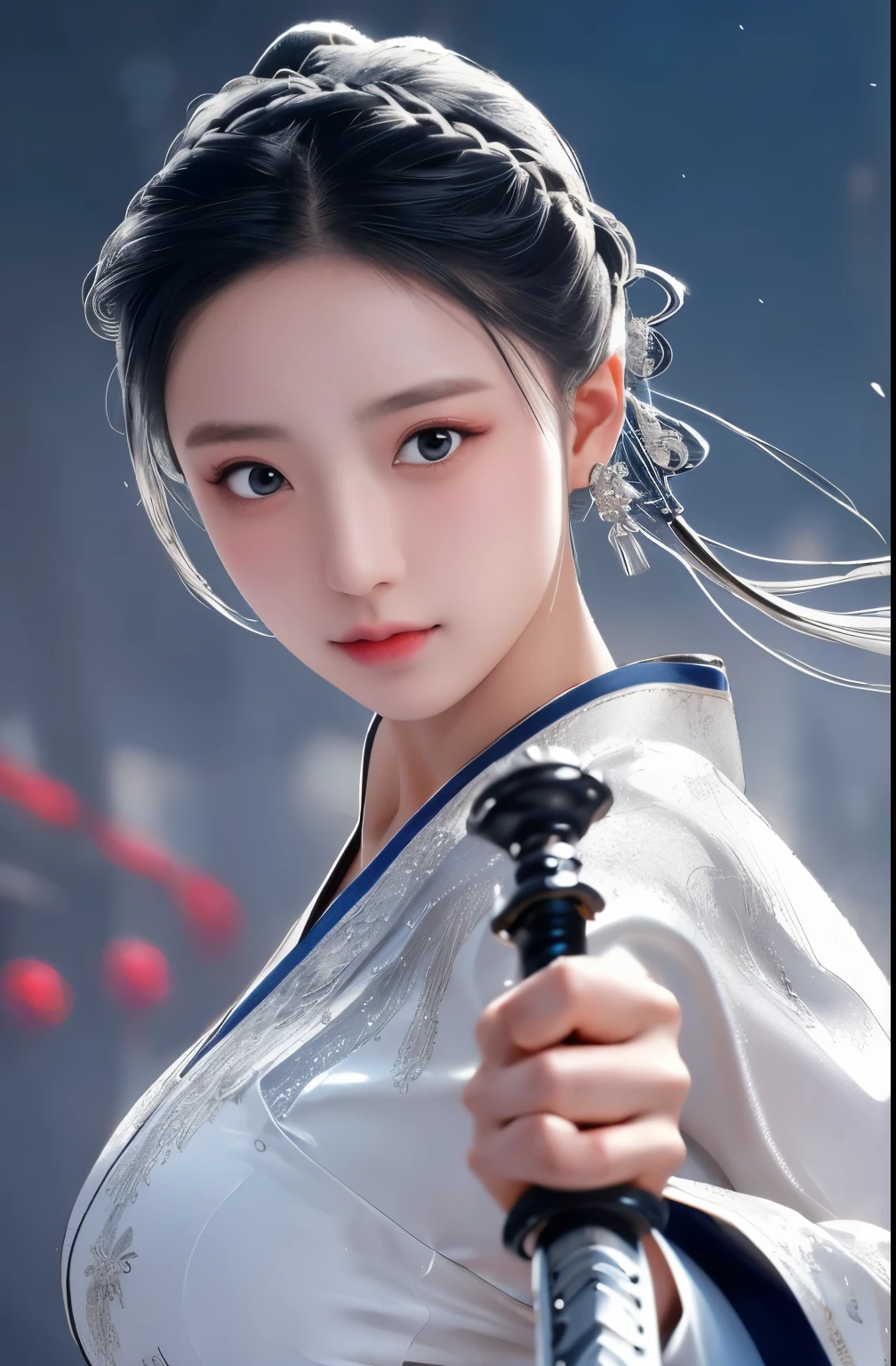 Masterpiece, 1girl, close up, wear silver hanfu, Chinese Traditional cloth, ((holding a silver sword)), long black hair, hair braid, silver vortex  background, wind effect, wet body, dynamic pose, battle pose,  medium breasts, show vagina, spread legs. 