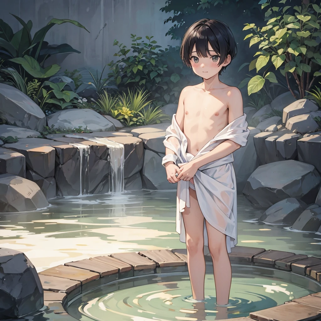 A naughty boy wrapped in a bath towel, hot spring, illustration, standing