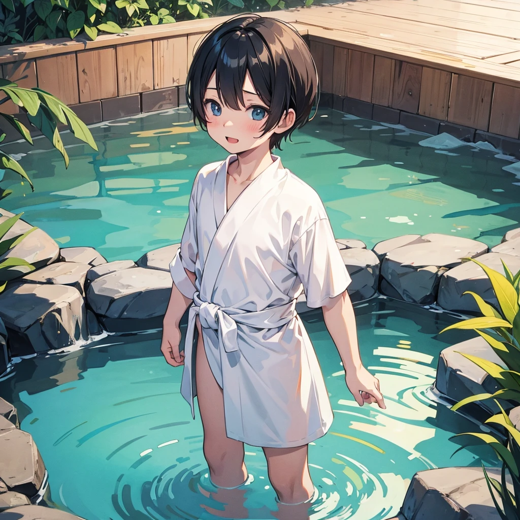 A naughty boy wrapped in a bath towel, hot spring, illustration, standing