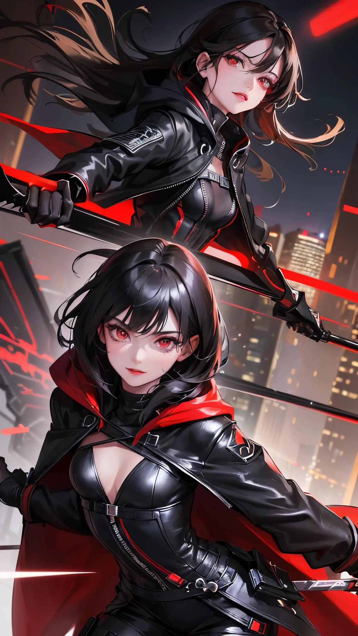 最high resolution,high resolution,Legendary Assassin, Beautiful Teenage Woman,Small breasts,black hooded coat , Fearless smile, Red lips, Black Hair, Red eyes, realism, Night city view from the top of a skyscraper,Neon Town,Digital Painting, Concept Art, Smooth, Sharp focus, Three-part method, Style Psycho,Detailed Eyes,assassin&#39;s creed