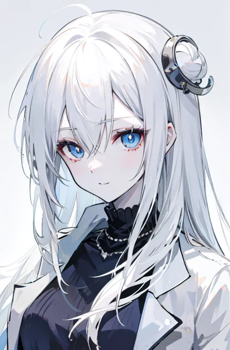 （（style of anime）），white skin skin，long whitr hair，white hair，ssmile，mesmerizing eyes，beauitful face，tmasterpiece，best qualtiy